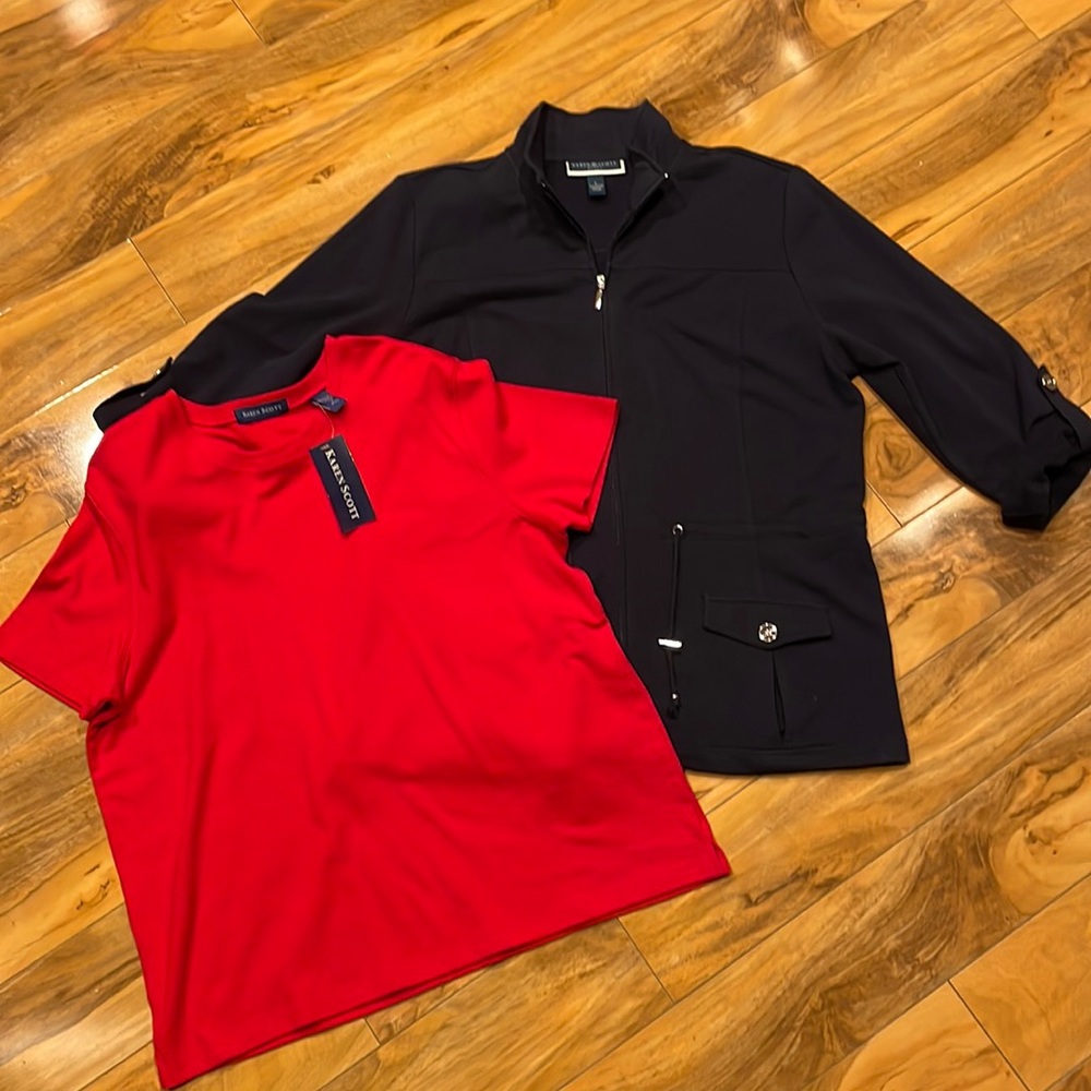 2 pc size large Karen Scott Sport lightweight jacket and NWT red T-shirt